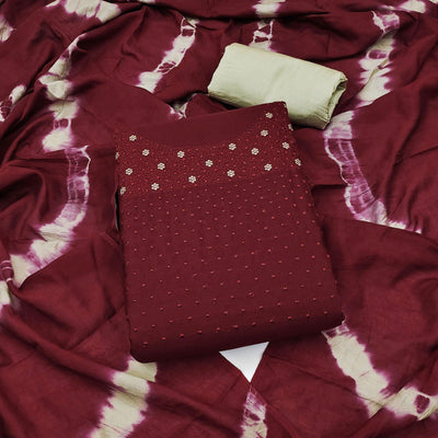 Maroon Floral Embroidered Cotton Silk Dress Material