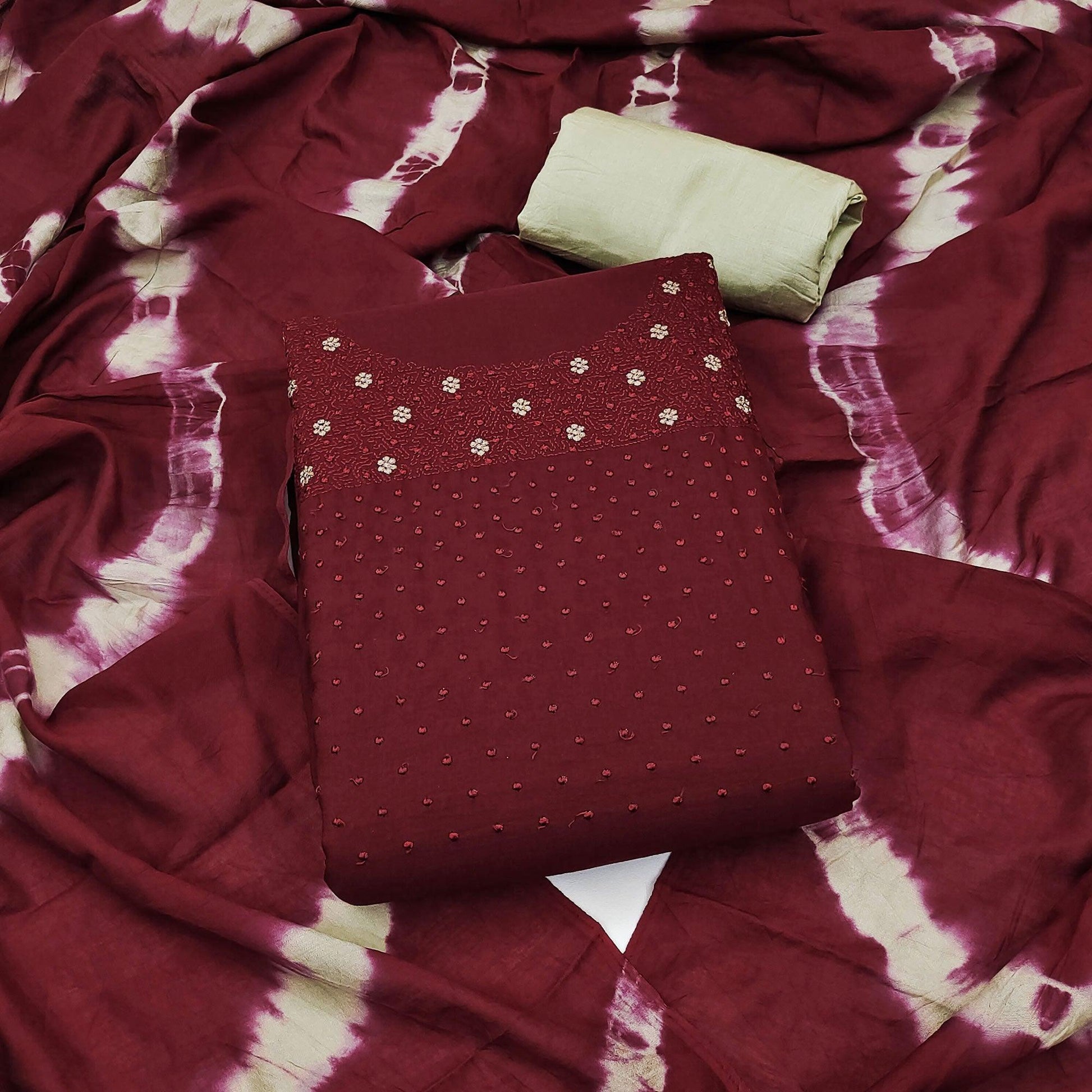 Maroon Floral Embroidered Cotton Silk Dress Material