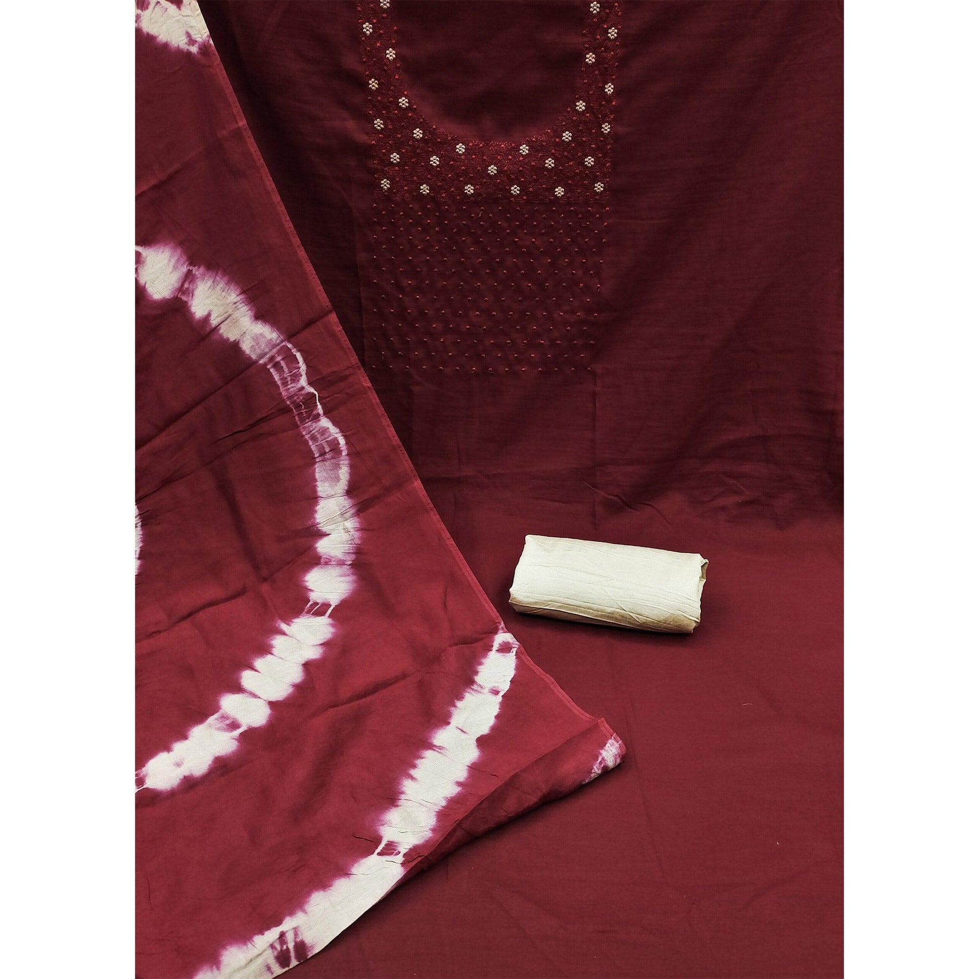 Maroon Floral Embroidered Cotton Silk Dress Material