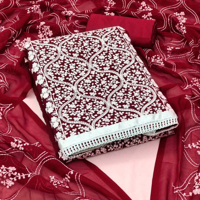 Maroon Floral Embroidered Georgette Dress Material