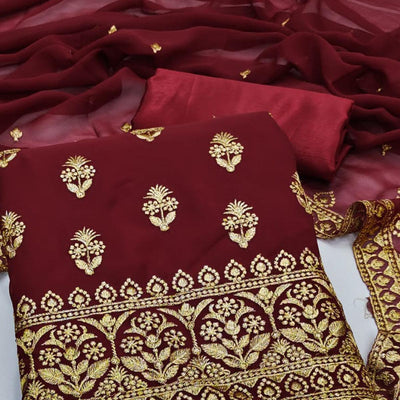 Maroon Floral Embroidered Georgette Dress Material