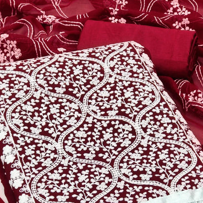 Maroon Floral Embroidered Georgette Dress Material