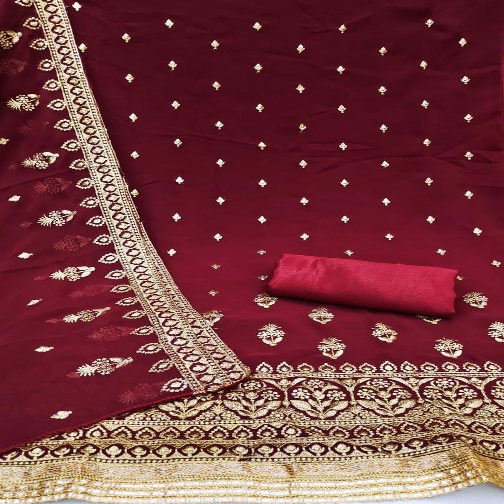 Maroon Floral Embroidered Georgette Dress Material