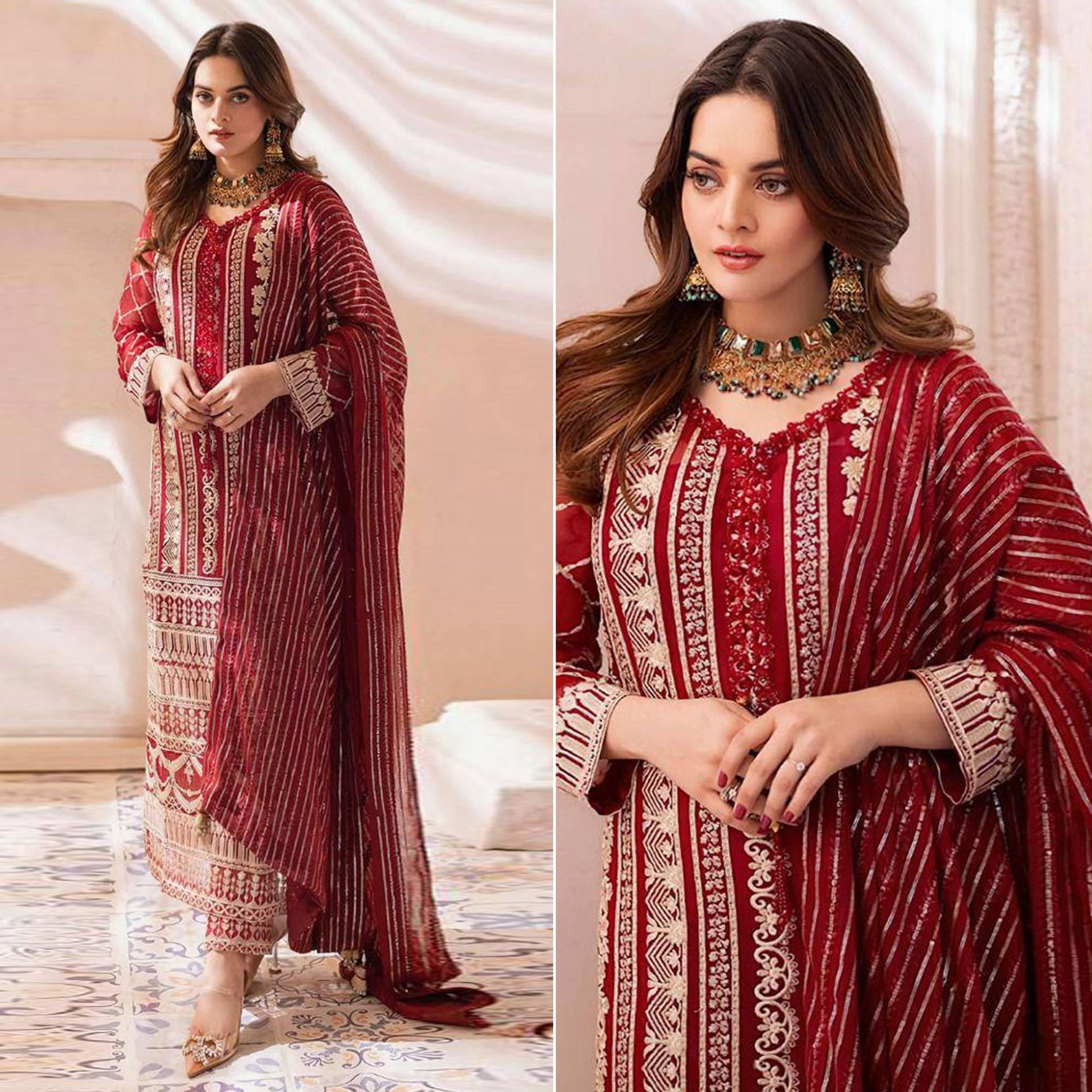 Maroon Floral Embroidered Georgette Pakistani Suit