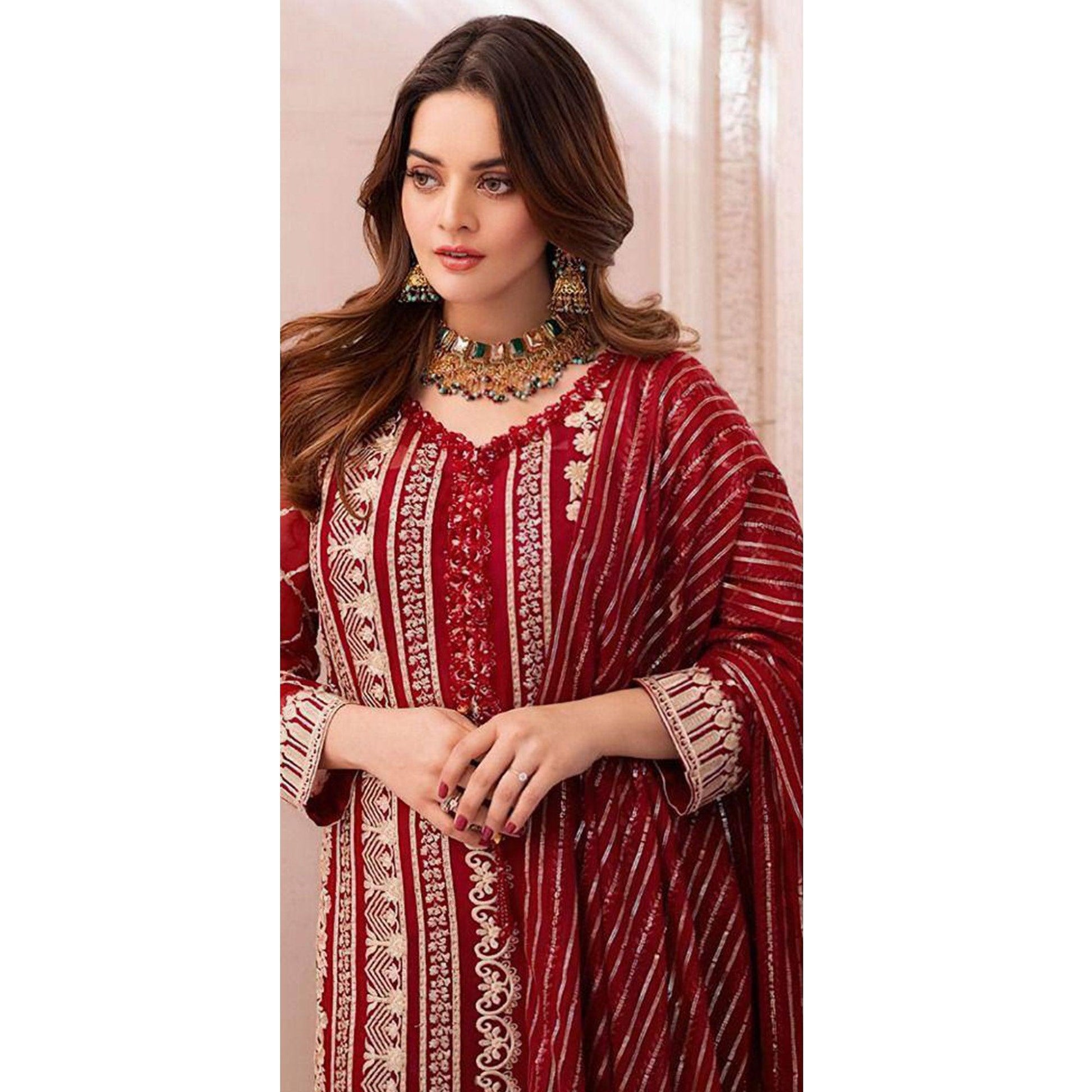 Maroon Floral Embroidered Georgette Pakistani Suit