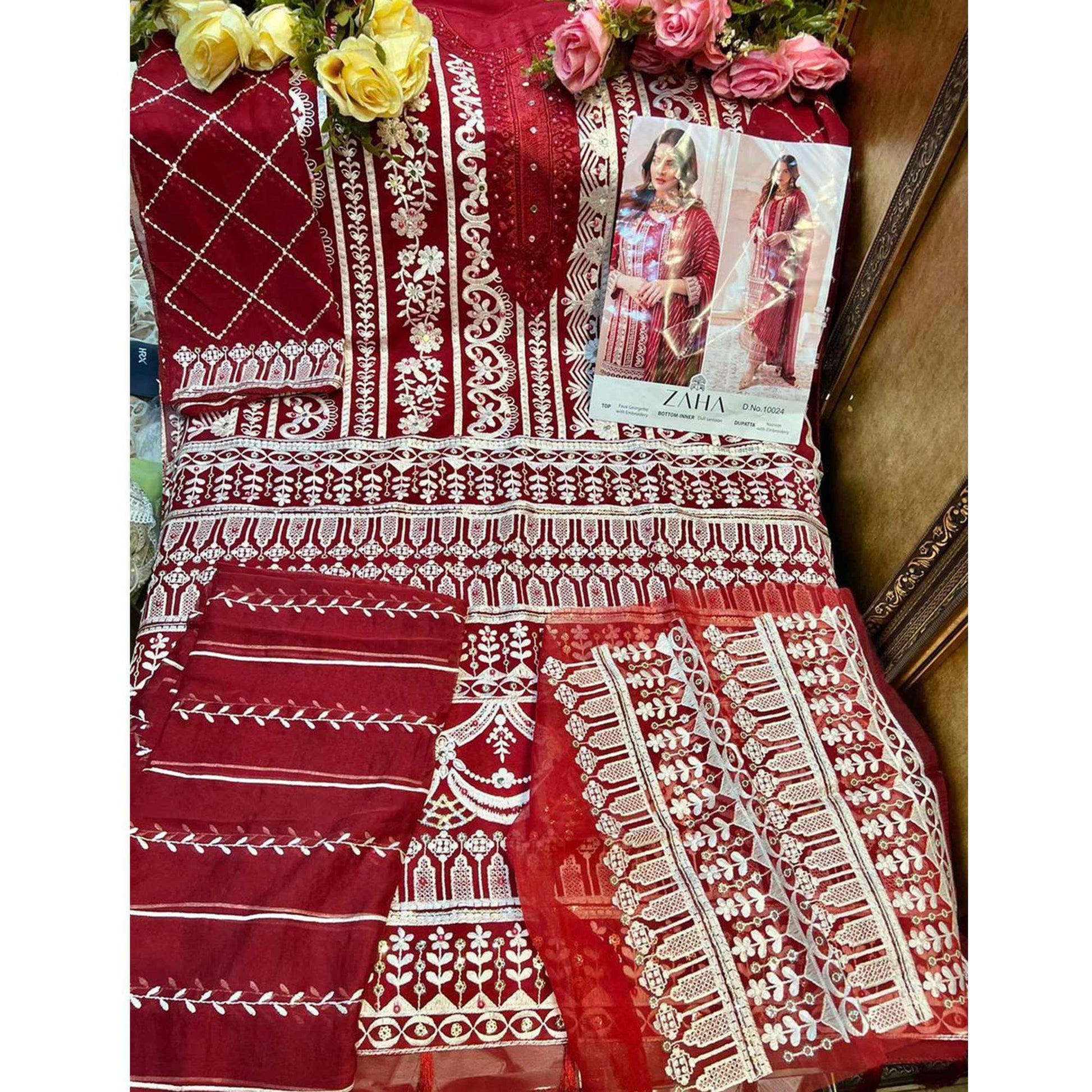 Maroon Floral Embroidered Georgette Pakistani Suit