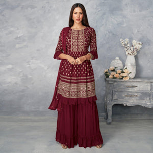 Maroon Floral Embroidered Georgette Sharara Suit
