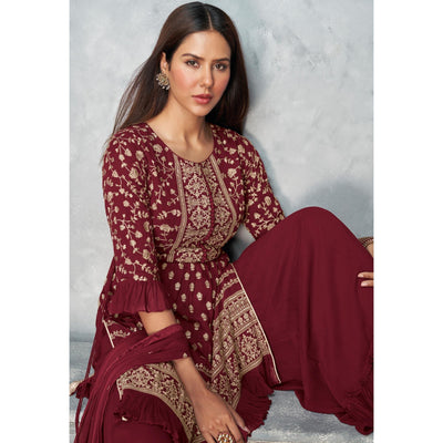 Maroon Floral Embroidered Georgette Sharara Suit