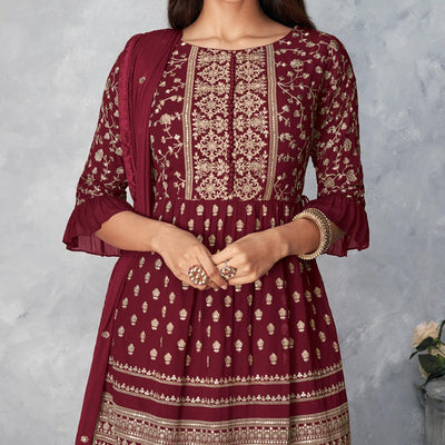 Maroon Floral Embroidered Georgette Sharara Suit