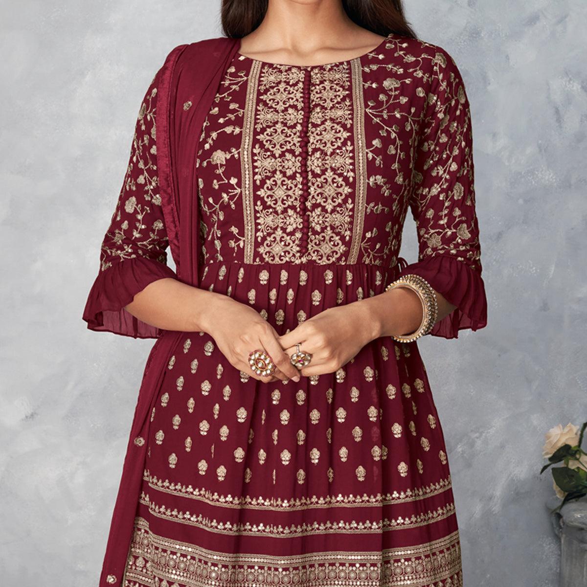 Maroon Floral Embroidered Georgette Sharara Suit