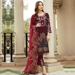 Maroon Floral Embroidered Kashmiri Style Georgette Salwar Suit