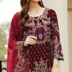 Maroon Floral Embroidered Kashmiri Style Georgette Salwar Suit