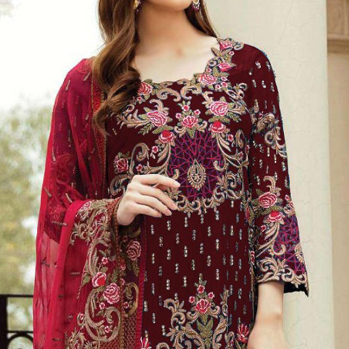 Maroon Floral Embroidered Kashmiri Style Georgette Salwar Suit