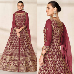Maroon Floral Embroidered Net Anarkali Style Gown