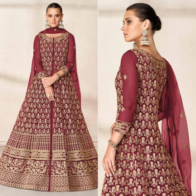 Maroon Floral Embroidered Net Anarkali Style Gown
