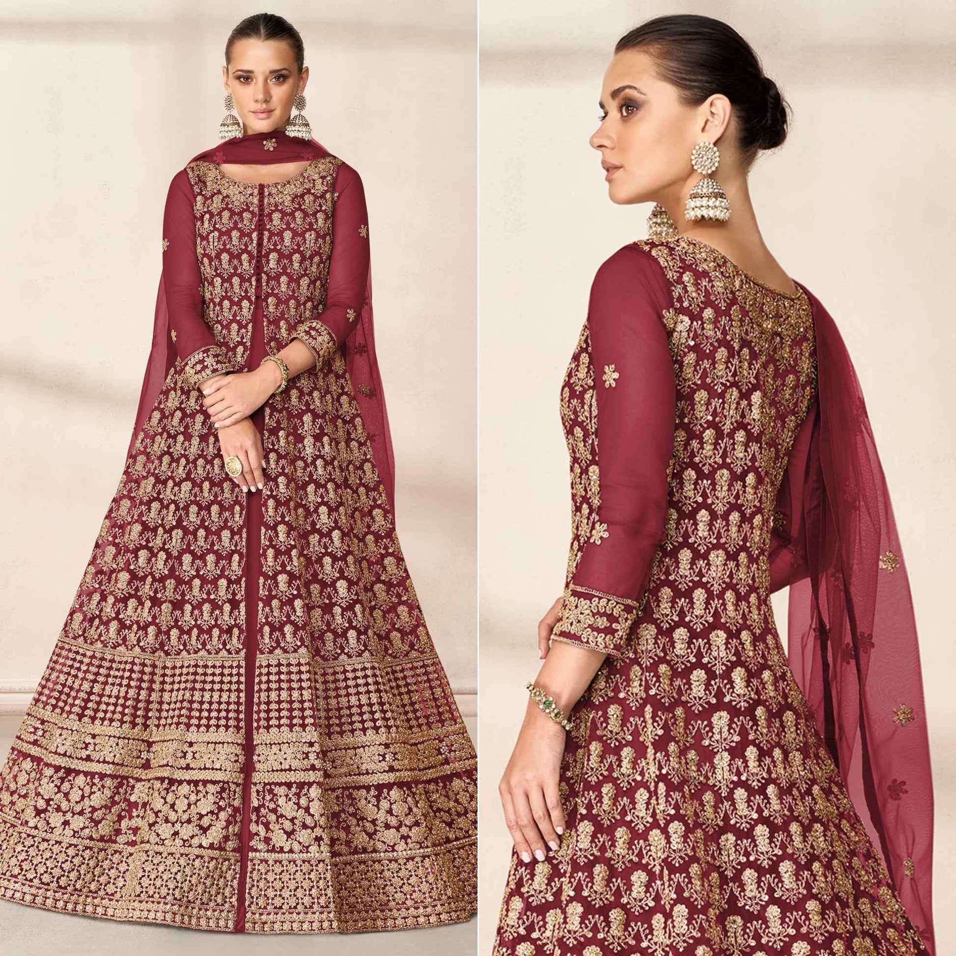 Maroon Floral Embroidered Net Anarkali Style Gown