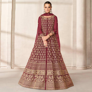 Maroon Floral Embroidered Net Anarkali Style Gown