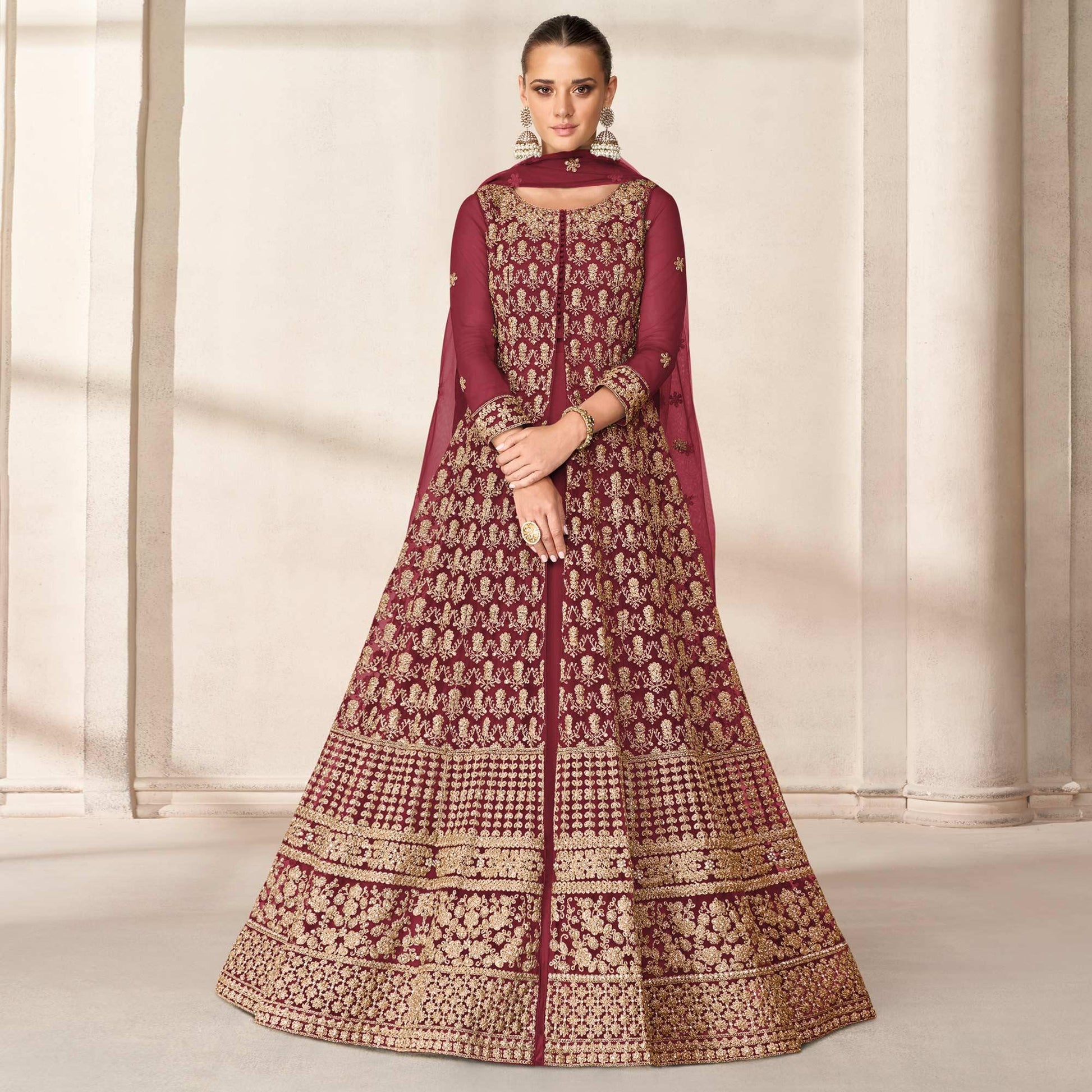 Maroon Floral Embroidered Net Anarkali Style Gown