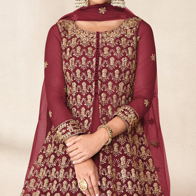 Maroon Floral Embroidered Net Anarkali Style Gown