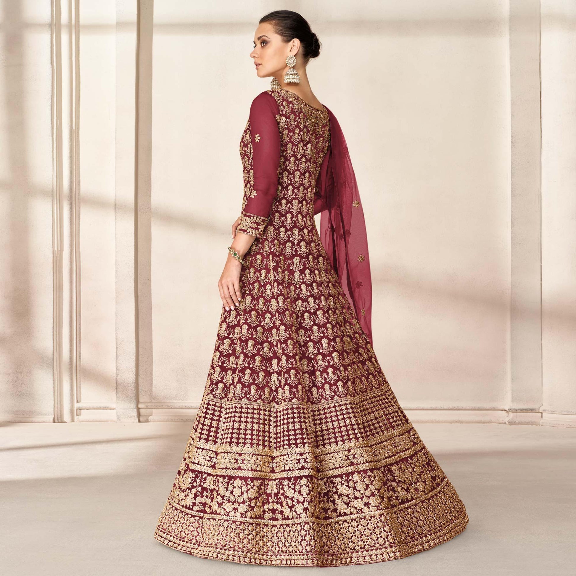 Maroon Floral Embroidered Net Anarkali Style Gown