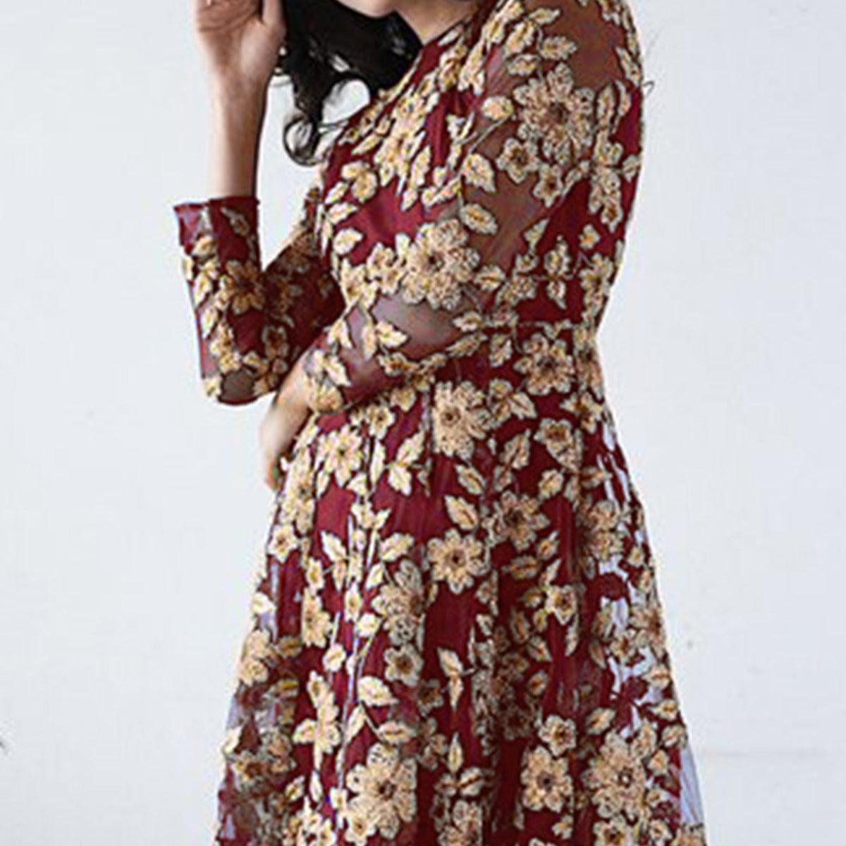 Maroon Floral Embroidered Net Gown