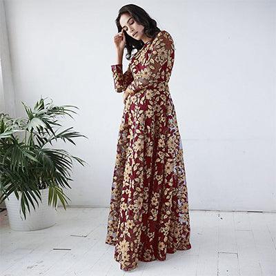 Maroon Floral Embroidered Net Gown