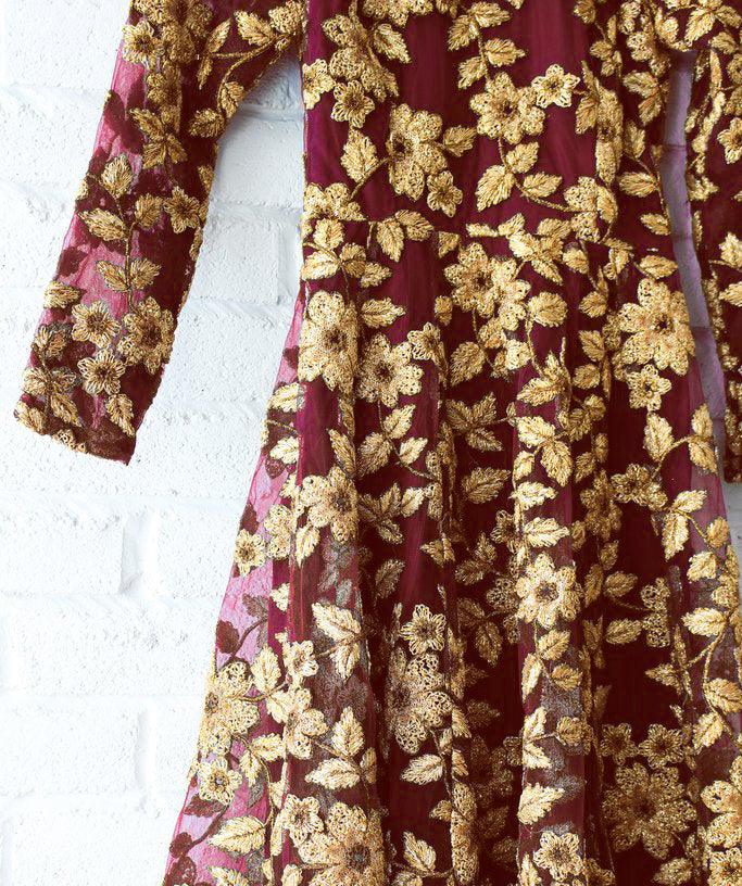 Maroon Floral Embroidered Net Gown