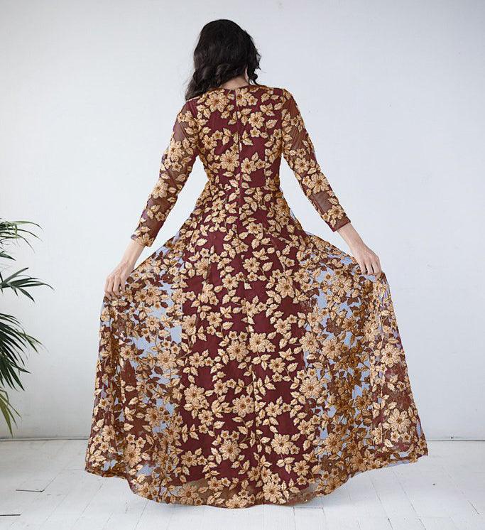 Maroon Floral Embroidered Net Gown