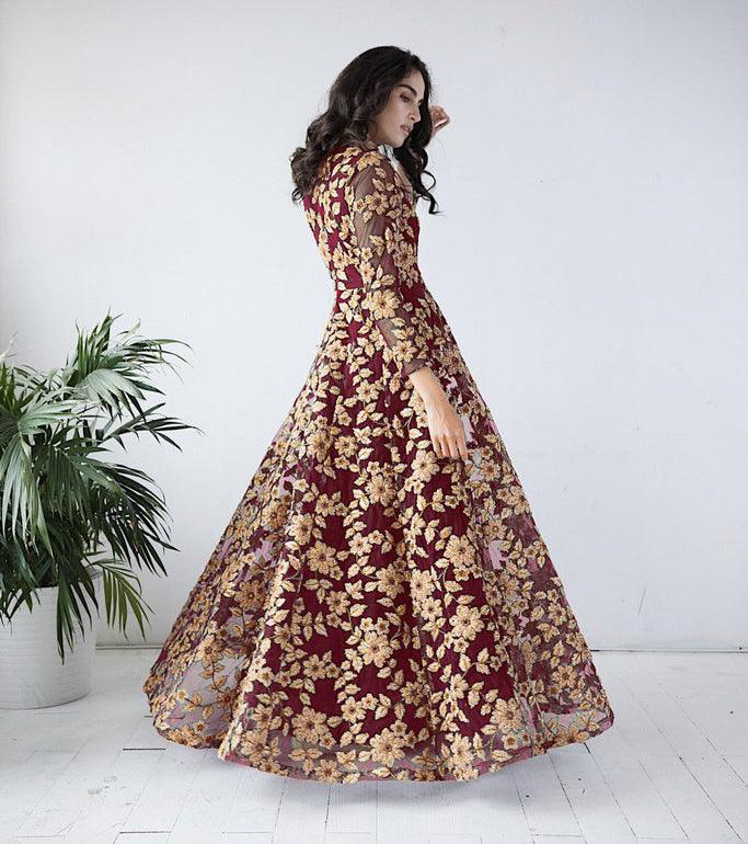 Maroon Floral Embroidered Net Gown