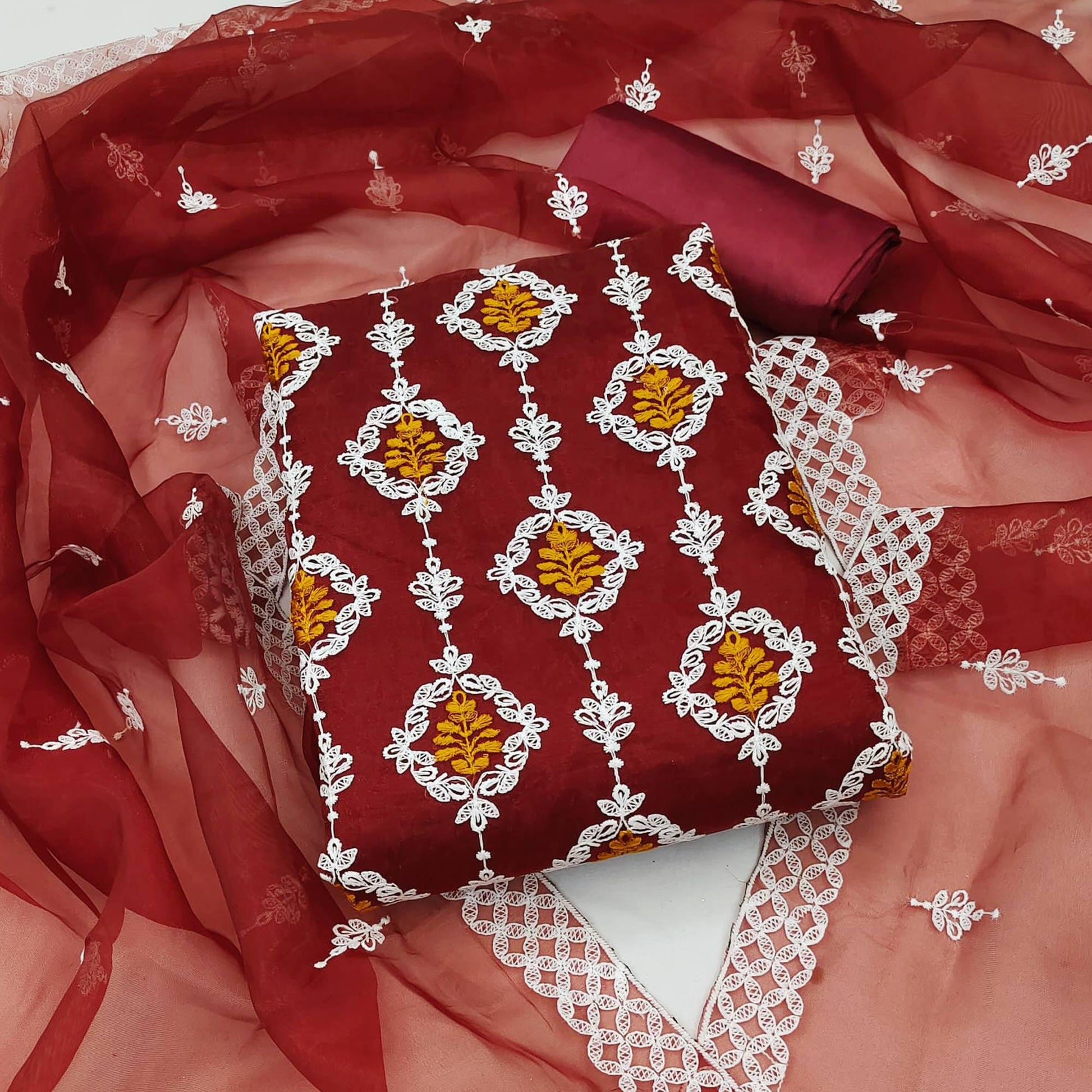 Maroon Floral Embroidered Organza Dress Material