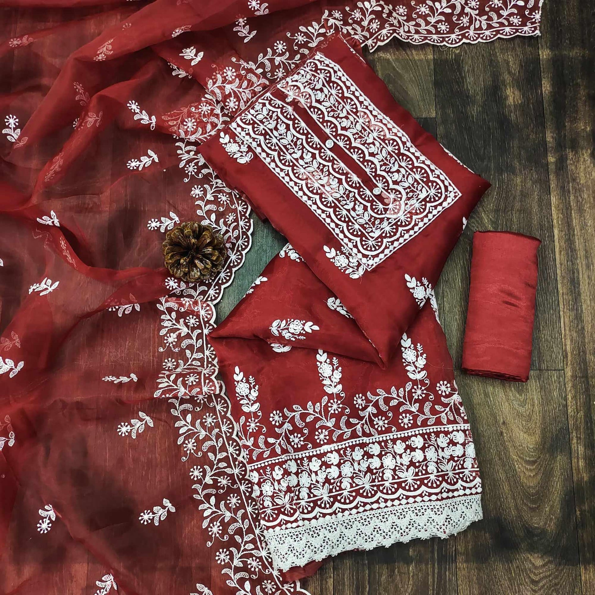 Maroon Floral Embroidered Organza Dress Material