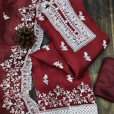 Maroon Floral Embroidered Organza Dress Material