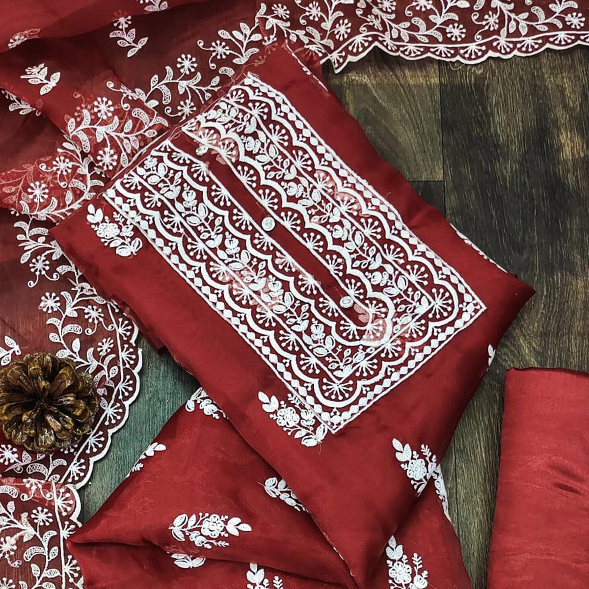 Maroon Floral Embroidered Organza Dress Material
