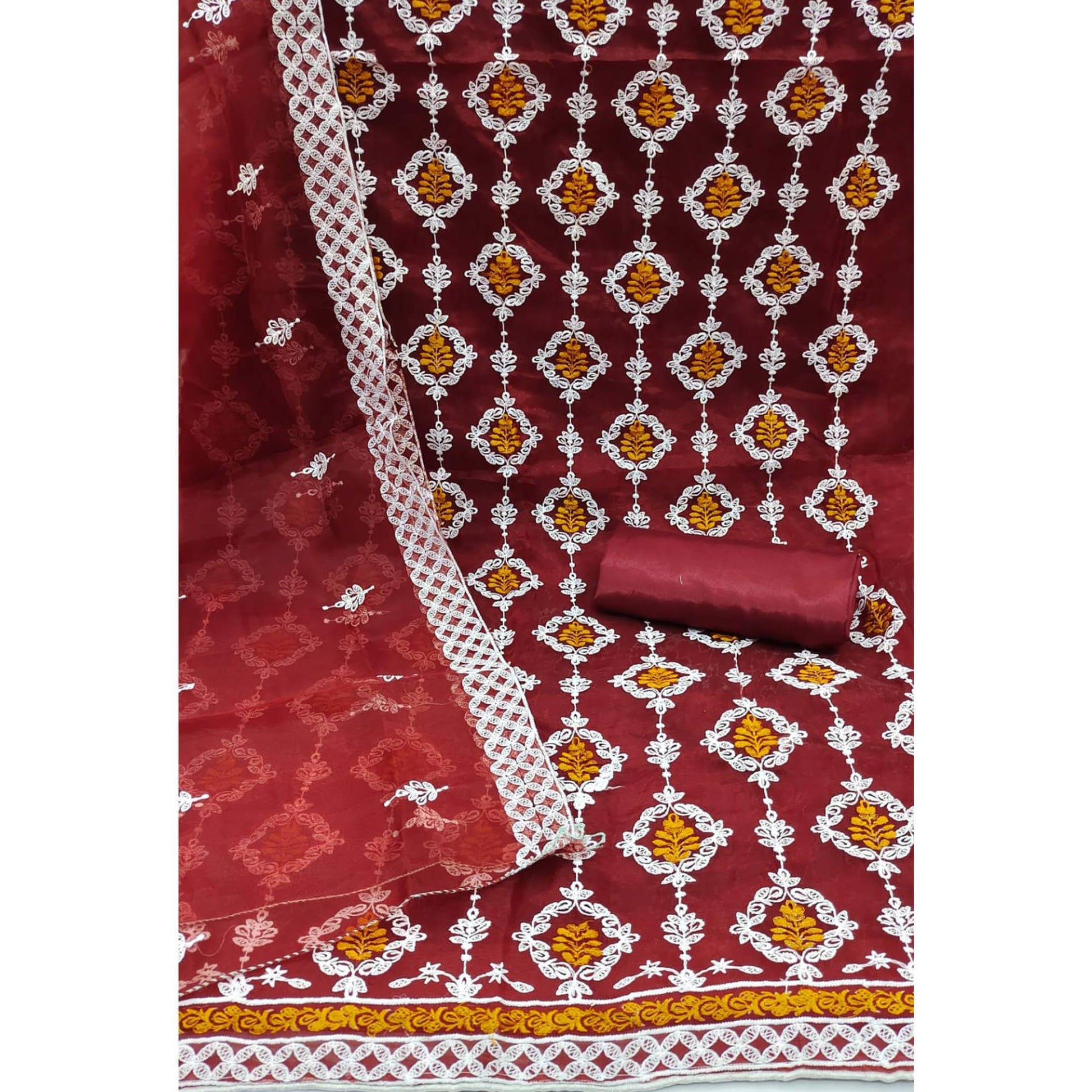 Maroon Floral Embroidered Organza Dress Material