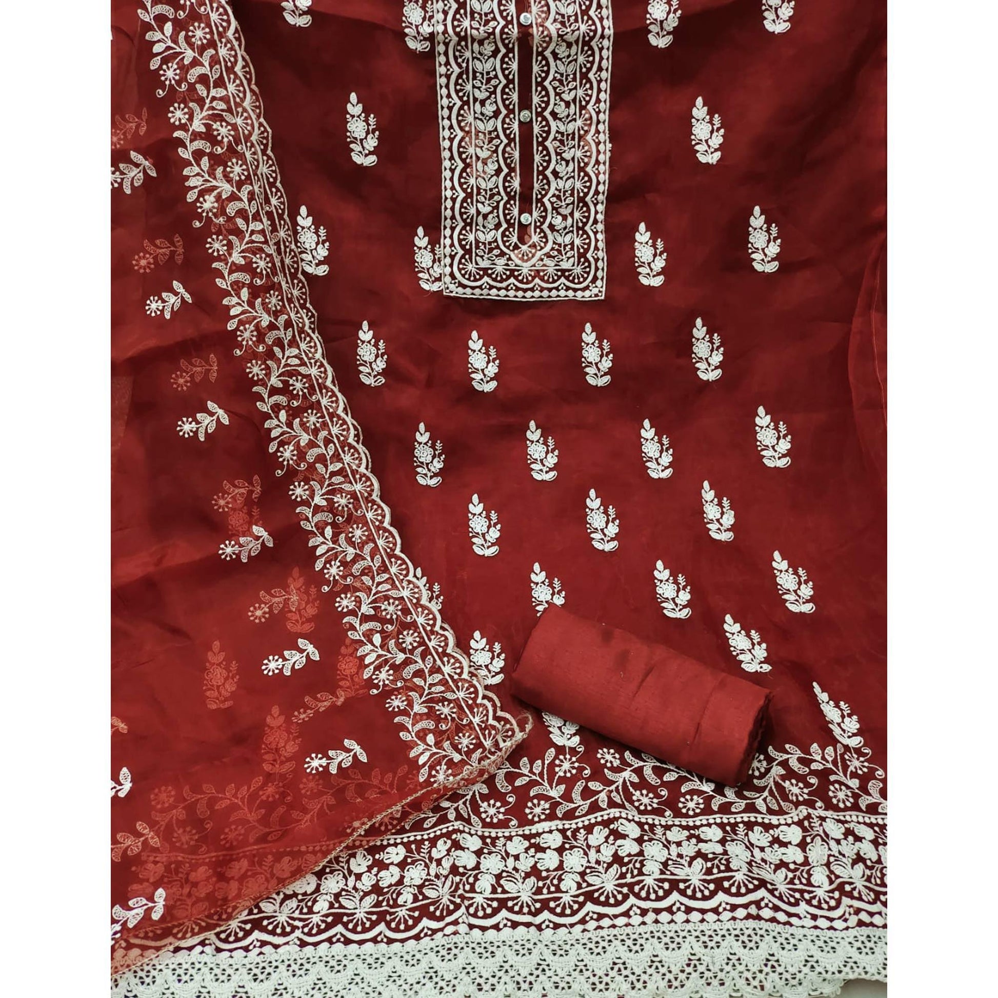 Maroon Floral Embroidered Organza Dress Material