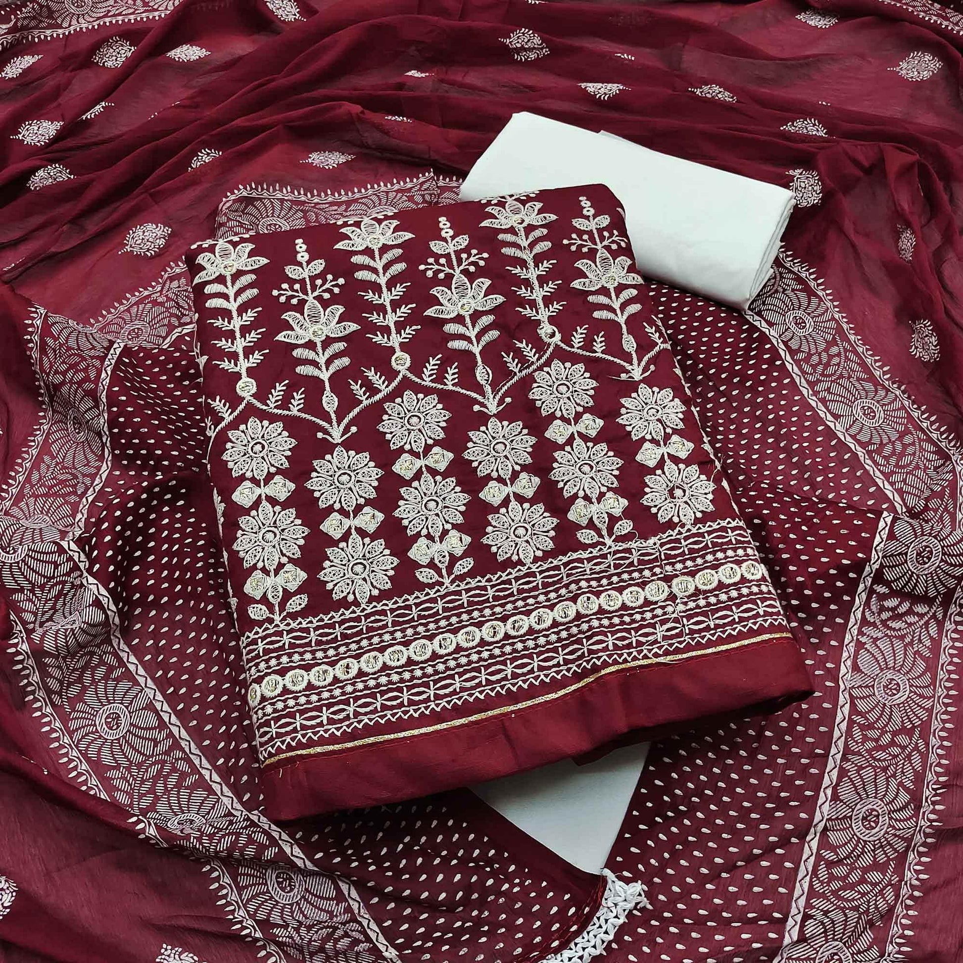 Maroon Floral Embroidered Pure Cotton Dress Material