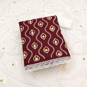 Maroon Floral Embroidered Pure Cotton Dress Material