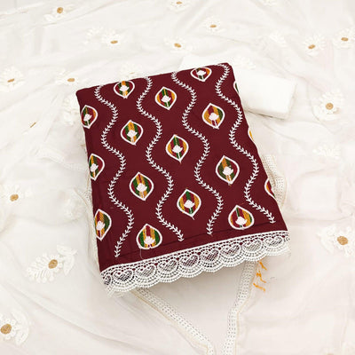 Maroon Floral Embroidered Pure Cotton Dress Material