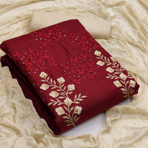 Maroon Floral Embroidered Pure Cotton Dress Material