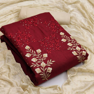 Maroon Floral Embroidered Pure Cotton Dress Material