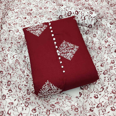 Maroon Floral Embroidered Pure Cotton Dress Material
