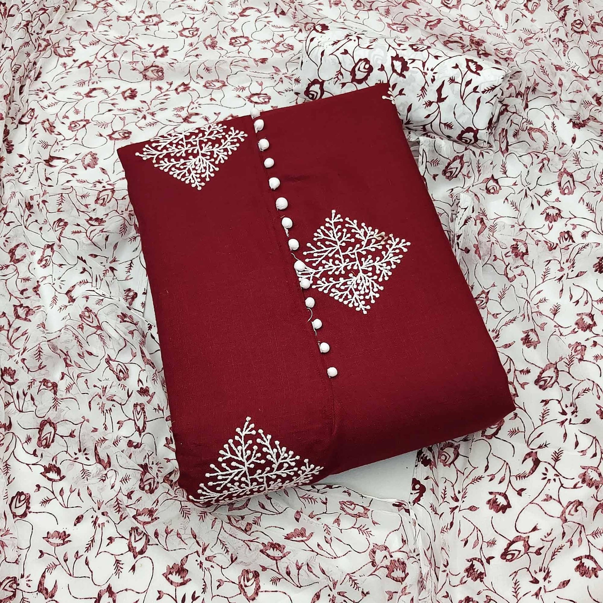 Maroon Floral Embroidered Pure Cotton Dress Material
