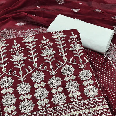 Maroon Floral Embroidered Pure Cotton Dress Material