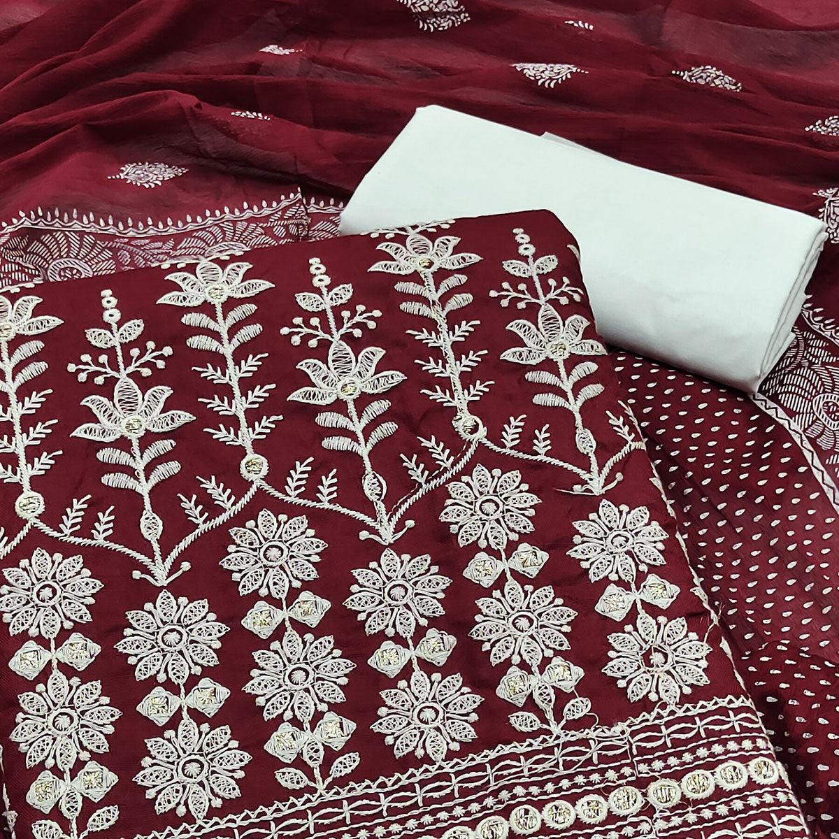 Maroon Floral Embroidered Pure Cotton Dress Material