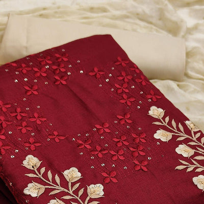 Maroon Floral Embroidered Pure Cotton Dress Material