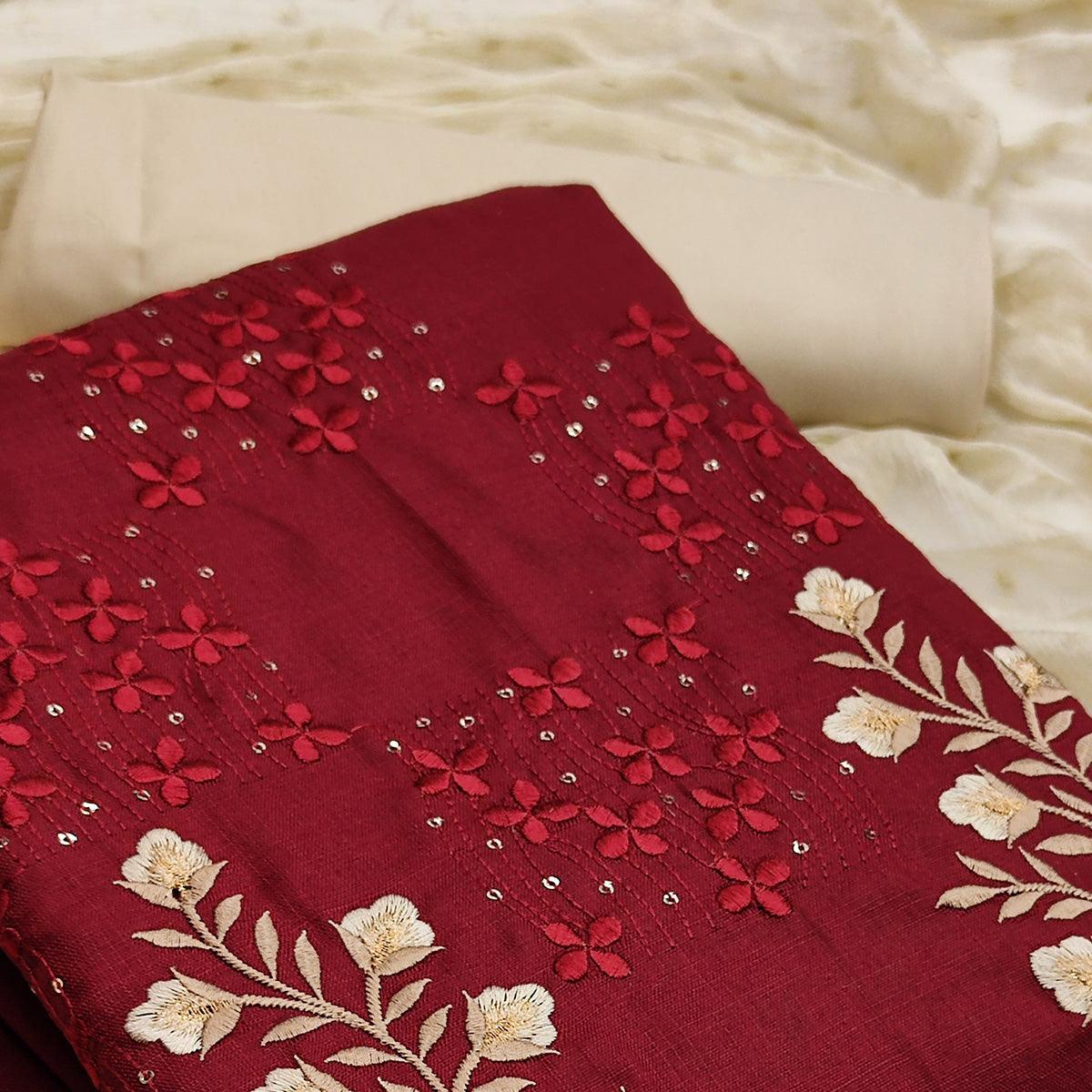 Maroon Floral Embroidered Pure Cotton Dress Material