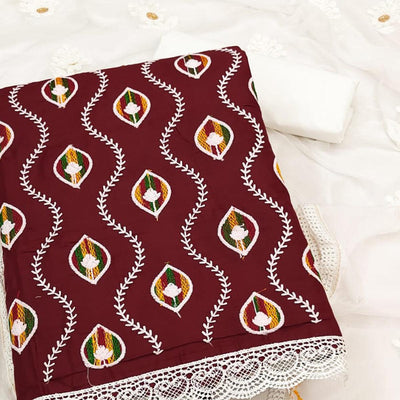 Maroon Floral Embroidered Pure Cotton Dress Material