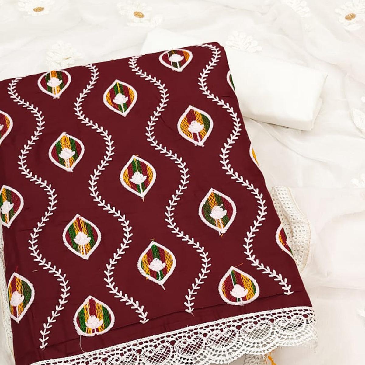Maroon Floral Embroidered Pure Cotton Dress Material