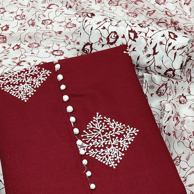 Maroon Floral Embroidered Pure Cotton Dress Material