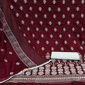 Maroon Floral Embroidered Pure Cotton Dress Material